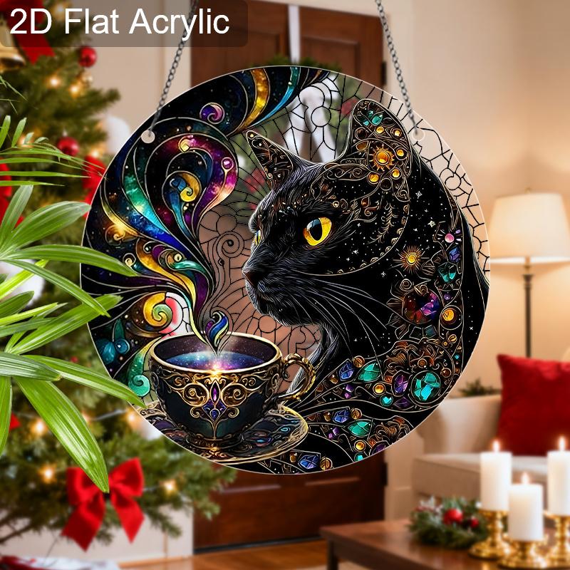 Acrylic Cosmic Black Cat with Magical Teacup Suncatcher, Stained Glass Effect Window Hanging Ornament for Mystical Cat Lover Gifts