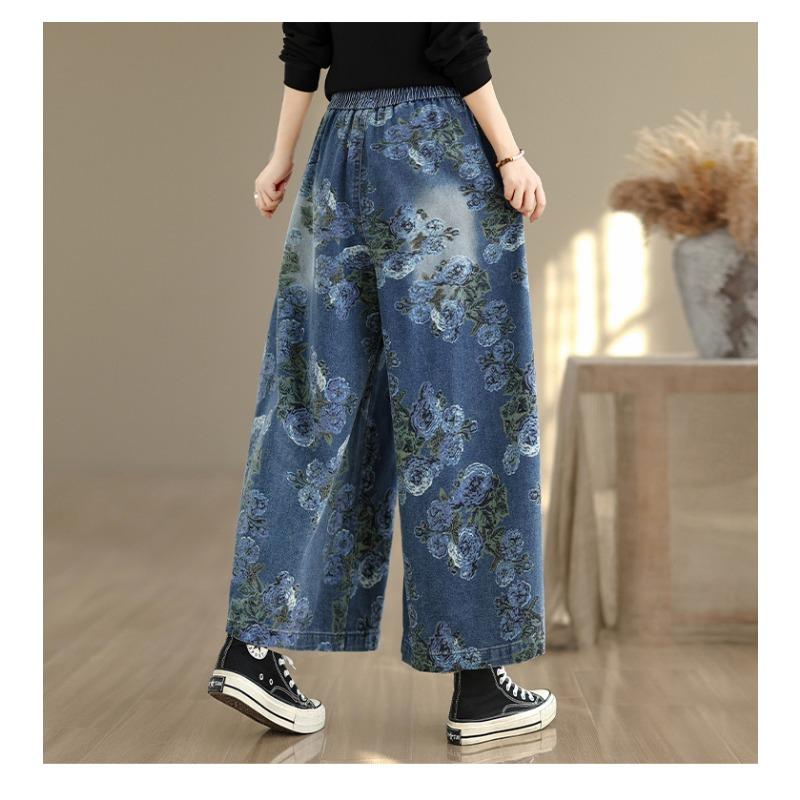 DIMANAF Plus Size Autumn 2025 Jeans New Long Pants Women Loose Denim Trousers Big Size Casual Floral Print