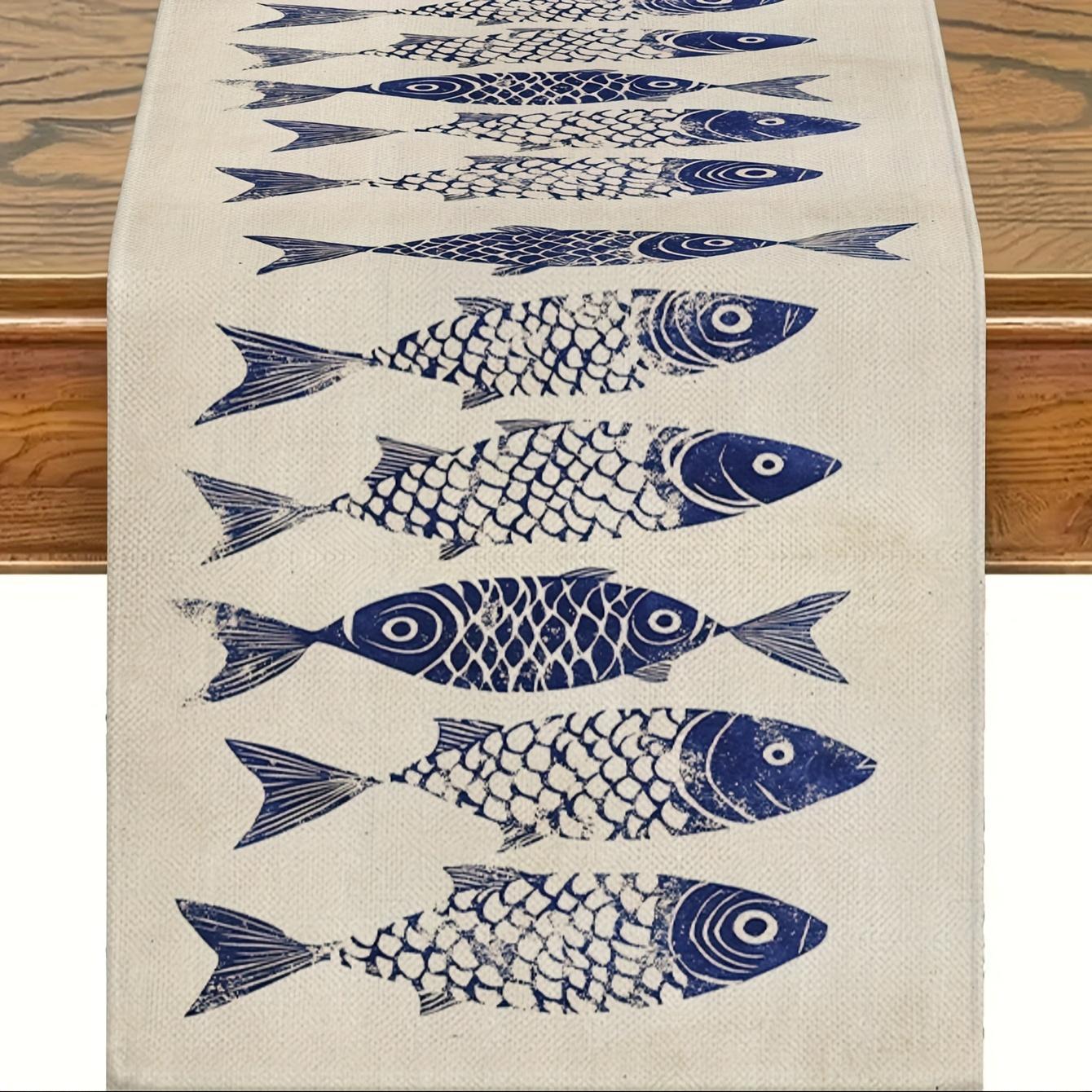 Jingyue Pet Blue Summer Fish Pattern Linen Table Runner Party Decor Reusable Farmhouse Kitchen Dining Table Runner Wedding Decorations