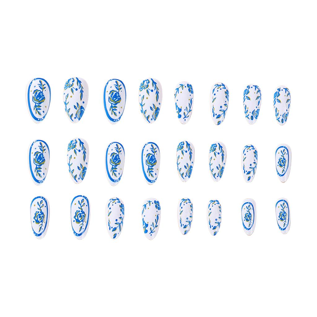 White Press On Nails with Blue Flower Print Chip-Proof Smudge-Proof Fake Nails for Shopping Traveling Dating