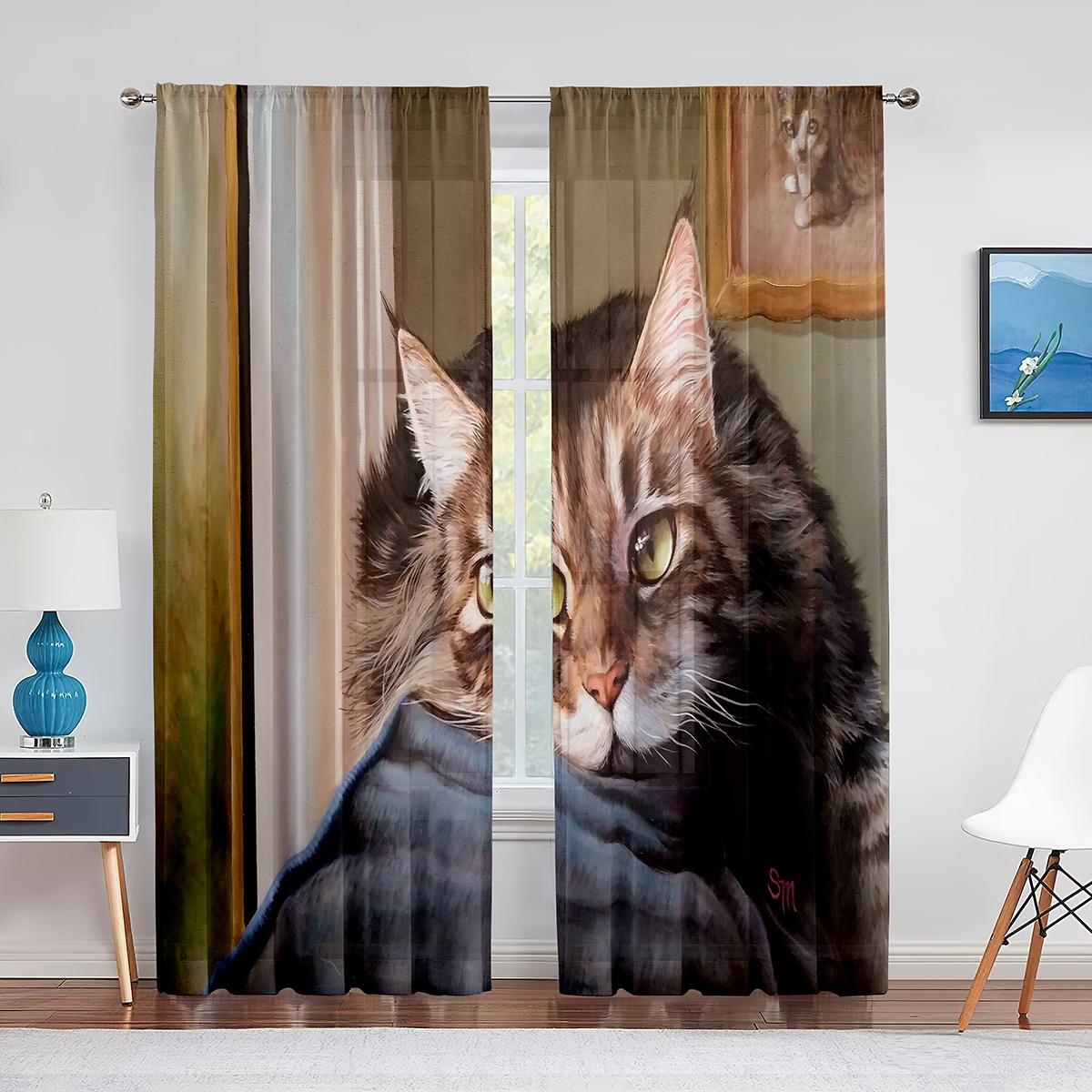 Милый кот акварельная живопись искусство цветочные прозрачные вуали шторы для спальни — фото 11