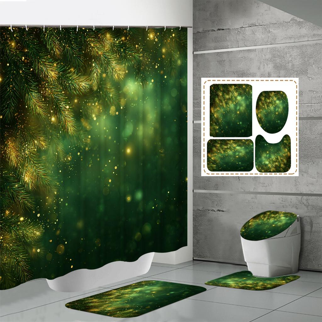 4PCS Shower Curtain Sets With Shower Curtain And Rugs Toilet Lid Rug U Shape Mat And Bath Mat Bathroom Set With 12 Hooks