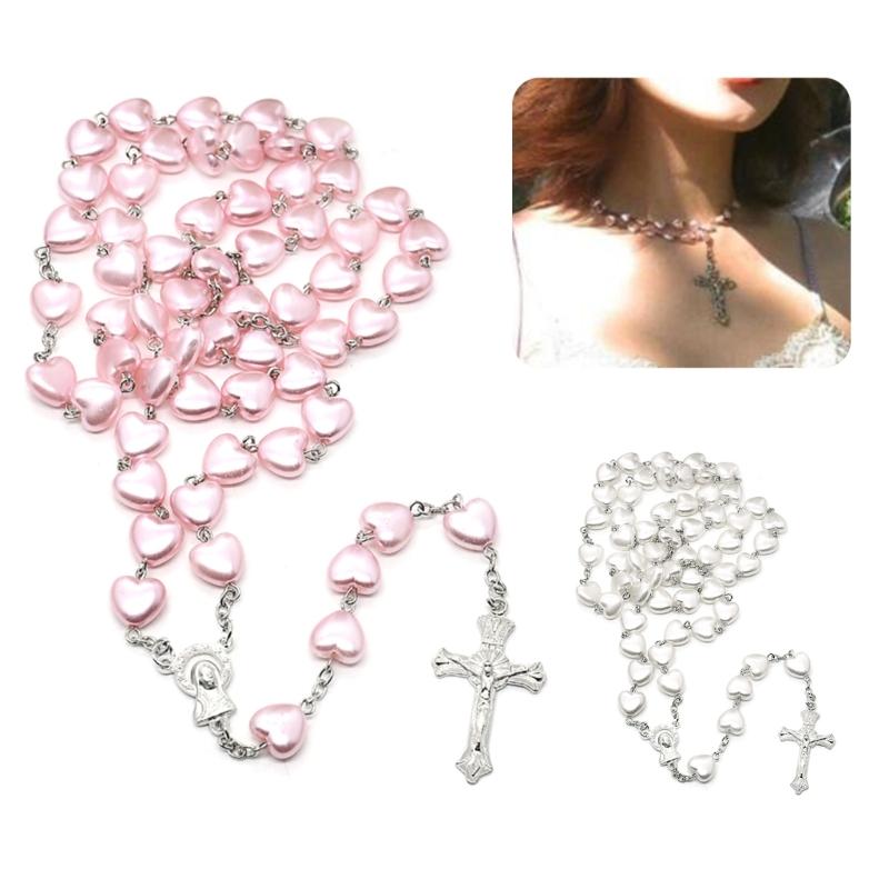 Perlen Rosenkranzperlen Rosenkranz Halskette Katholische Gebet Rosa Weiß Perle Liebesherz Christus Gebet Rosenkranz Halskette Schmuck