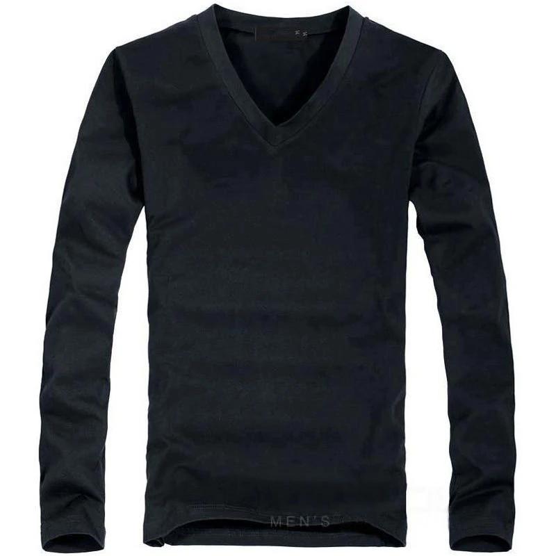 Elastic Mens T-Shirt V-Neck Long Sleeve Men T Shirt for Male T-Shirts Man Clothing TShirt Solid Color Tops Tees