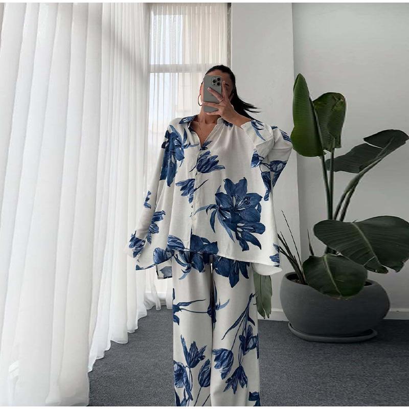 

Женский новый 2025 свободный большого размера нерегулярный повседневный костюм-двойка с принтом: рубашка и брюки широкого кроя XXL