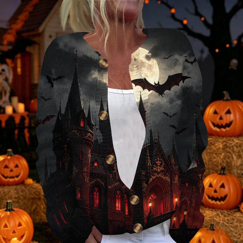 Womens Halloween Print Long Sleeve Knit Cardigan Button Up Sweater Coat Gothic Castle Bat Moon Design Outerwear
