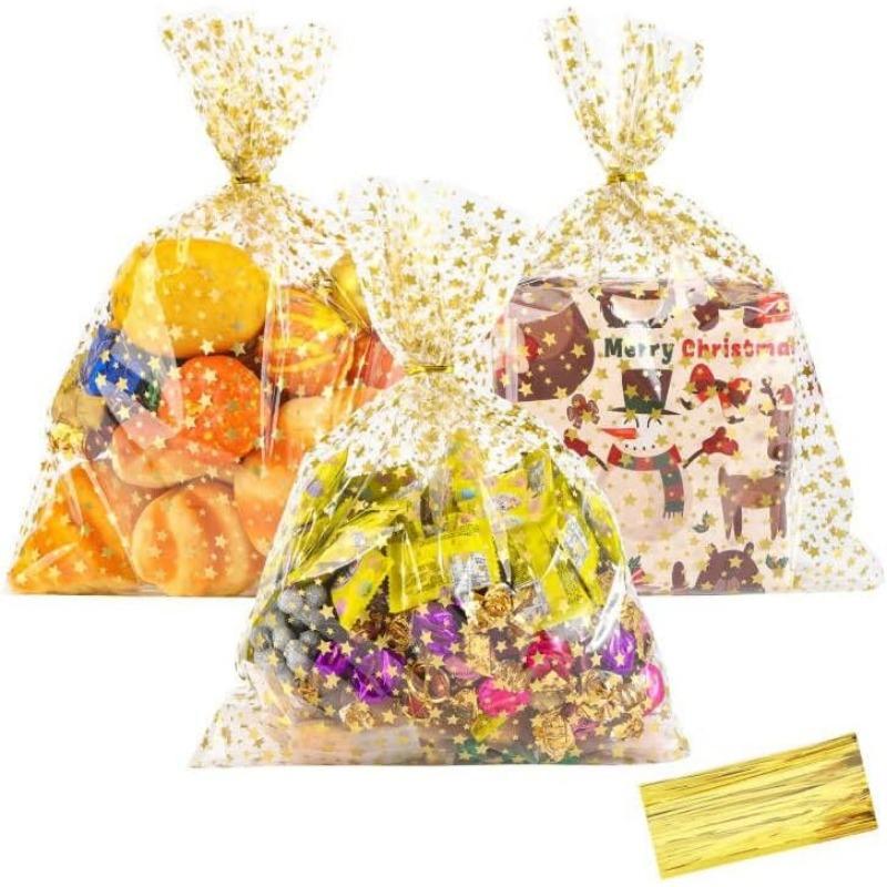 50/100 Pcs Star Printed Gift Wrap Cello Cellophane Treat Bags Party Favor Bags Clear Candy Cookie Bags for Bakery,Birthday, Wedding,Party