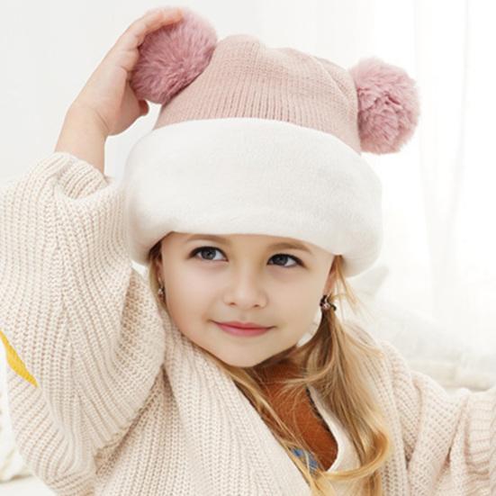 Children Hat Dual Fur Ball Decor Kids Winter Hat Breathable Thermal Cap Outdoor School Thickened Velvet Lining Headgear