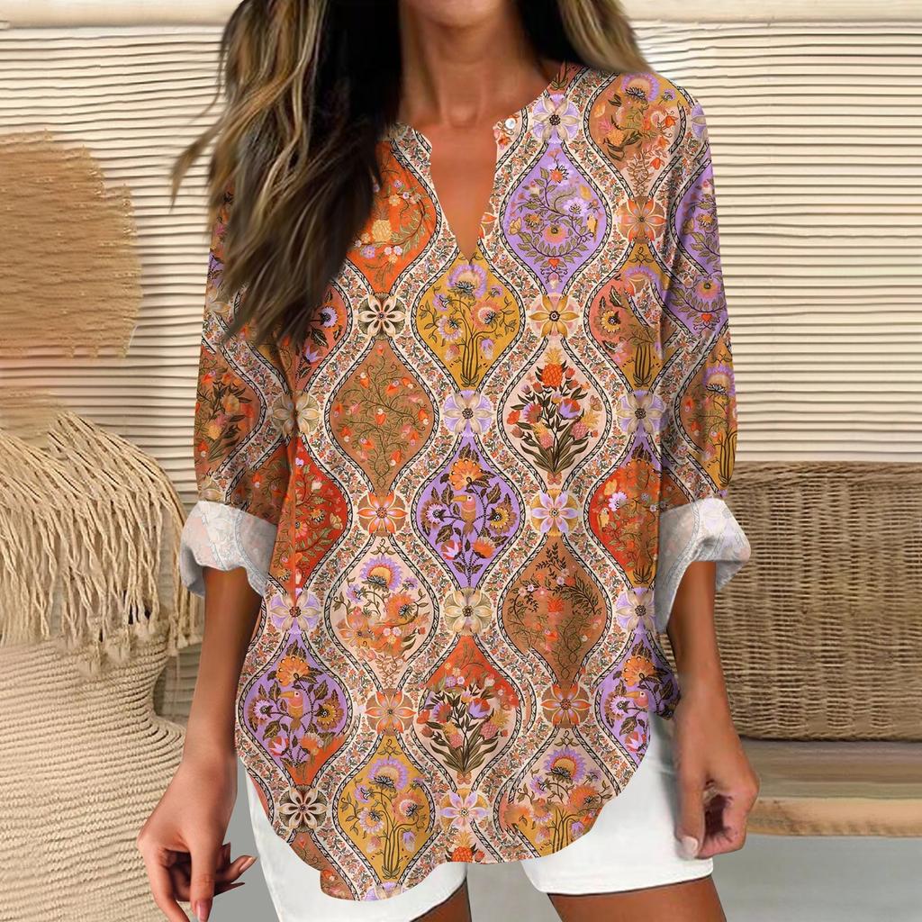 Dámské tričko s potiskem s dlouhým rukávem pro každodenní nošení a víkendovou módu, základní top s výstřihem do V a zakřiveným lemem, běžného střihu