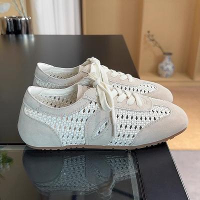 2025 Summer New Old Money Wind Breathable Fly Woven Mesh Flat Bottom Leather Versatile Casual Shoes German Training Shoes Women