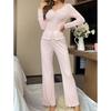 Womens Loungewear Set V-Neck Long Sleeve Pants Slim Fit Soft Home Sleepwear