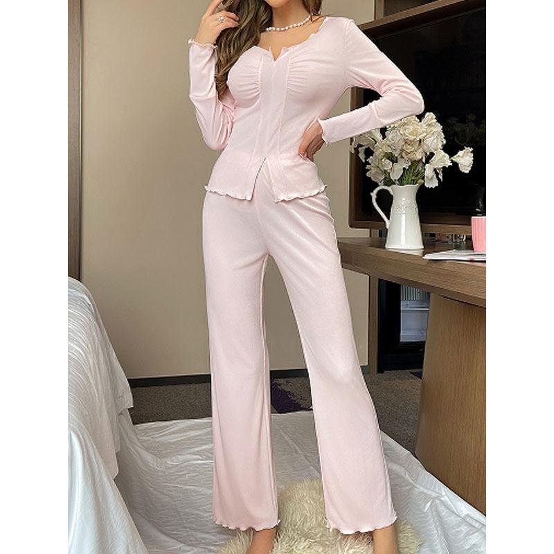 Womens Loungewear Set V-Neck Long Sleeve Pants Slim Fit Soft Home Sleepwear