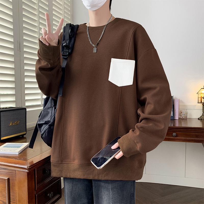 Men's Crew Neck Hoodie Spring Autumn New Trendy Color Block Pocket Casual Versatile Pullover Loose Long Sleeve Top