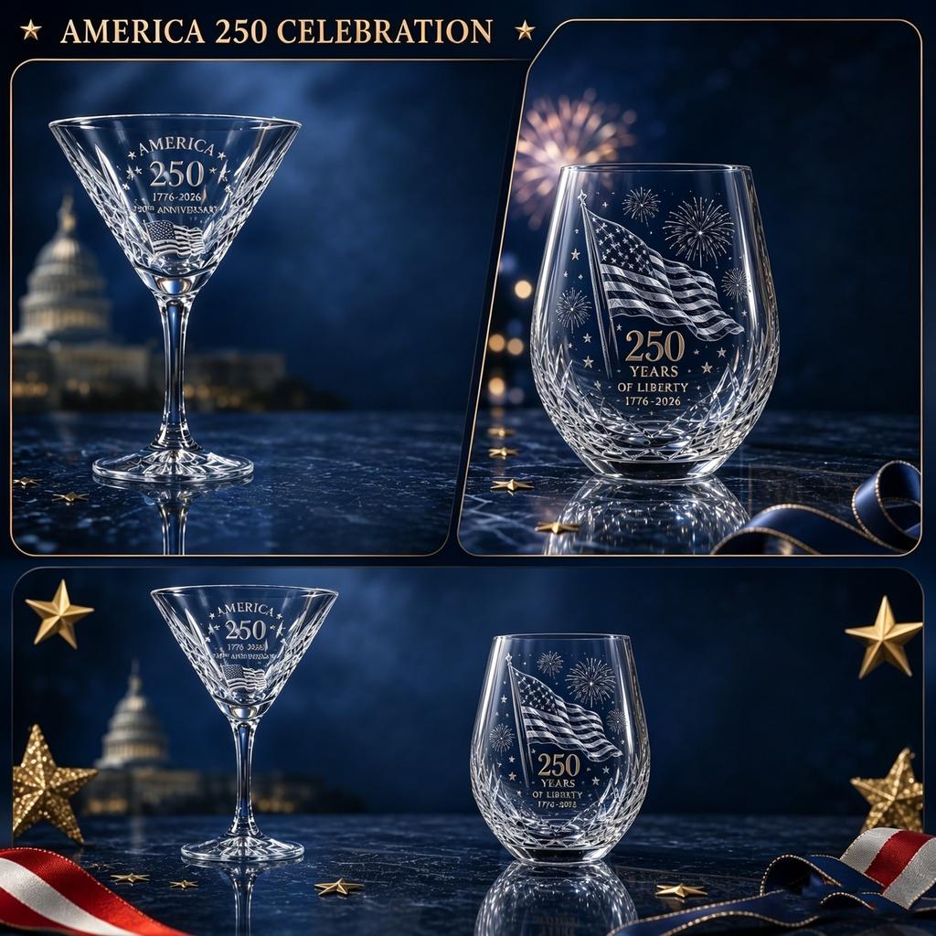 Crystal 250th Anniversary Commemorative Martini Glass 1776-2024 Etched Design with Star and Flag Motif Stemware for Special Occasions