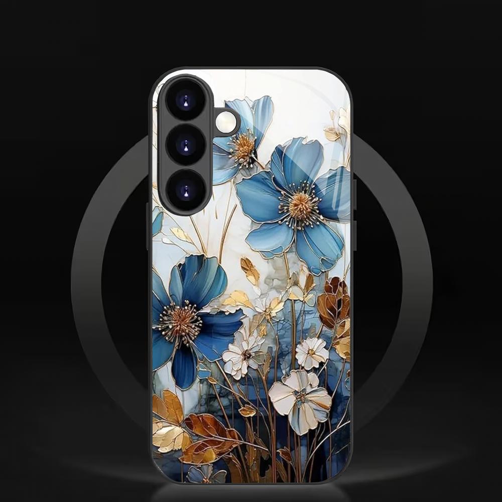 Blau-weiße florale gehärtete Glas Handyhülle geeignet für Samsung Galaxy S26 S25 S24 S23 S22 S21 S20 FE/Ultra/Plus sturzsicher