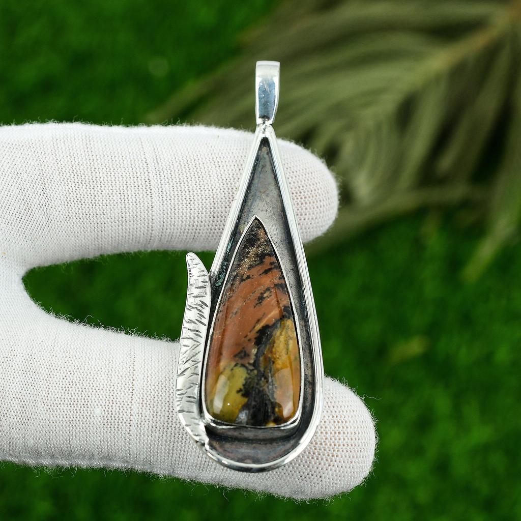 Sterling Silver Pear Honey Dendrite Opal Gemstone Wife Bezel New Pendant Jewelry