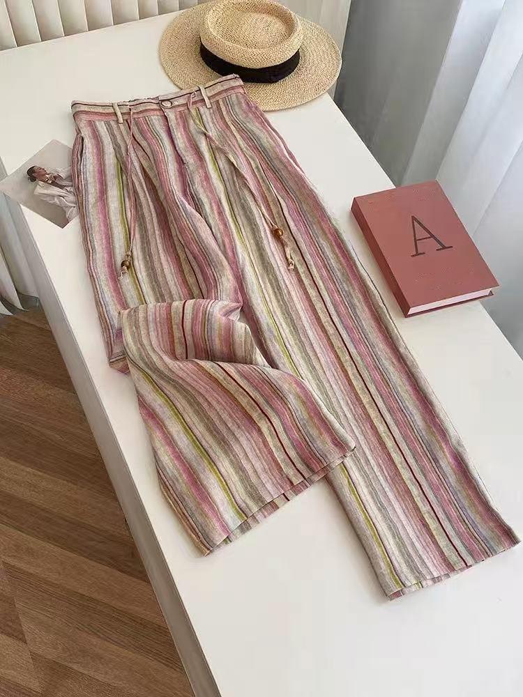 2026 Women's Pink Striped Wide-Leg Casual Relaxed Pants