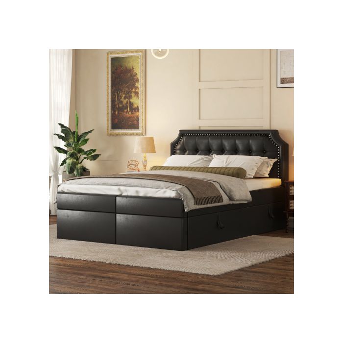 Lit double - MUVOE - 140x200cm - Noir - Sommier à lattes - Grand espace de rangement