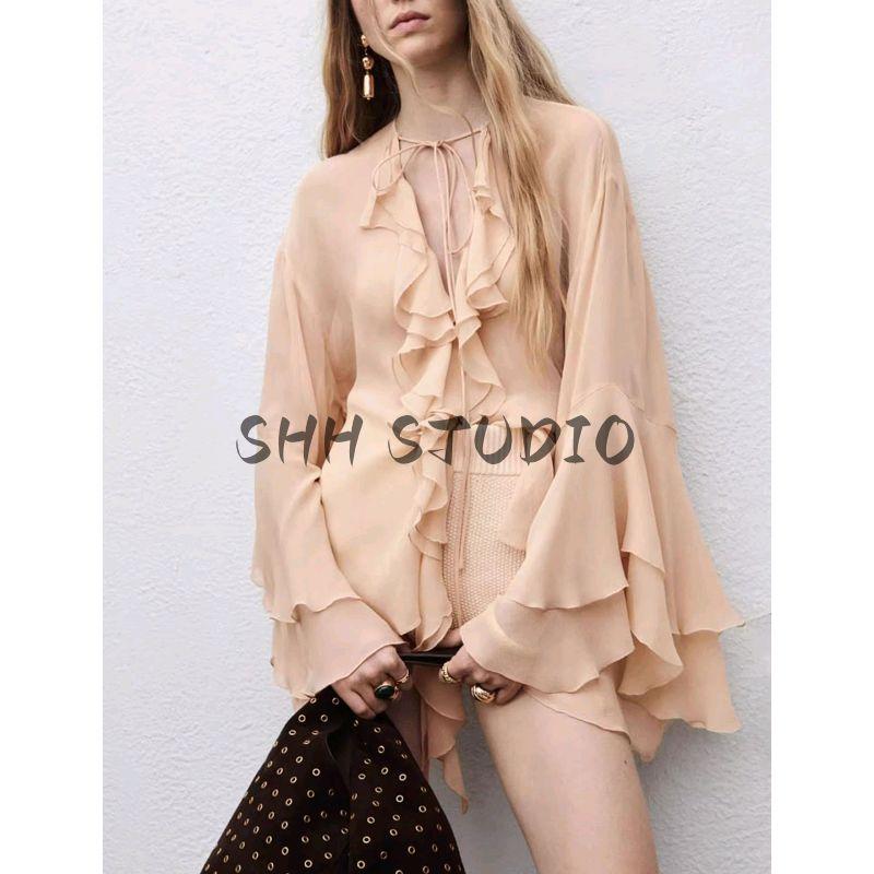 Fall New Women's Clothing French Style Temperament Low Collar Tied Lotus Leaf Bell Sleeve Shirt Tops 17024447