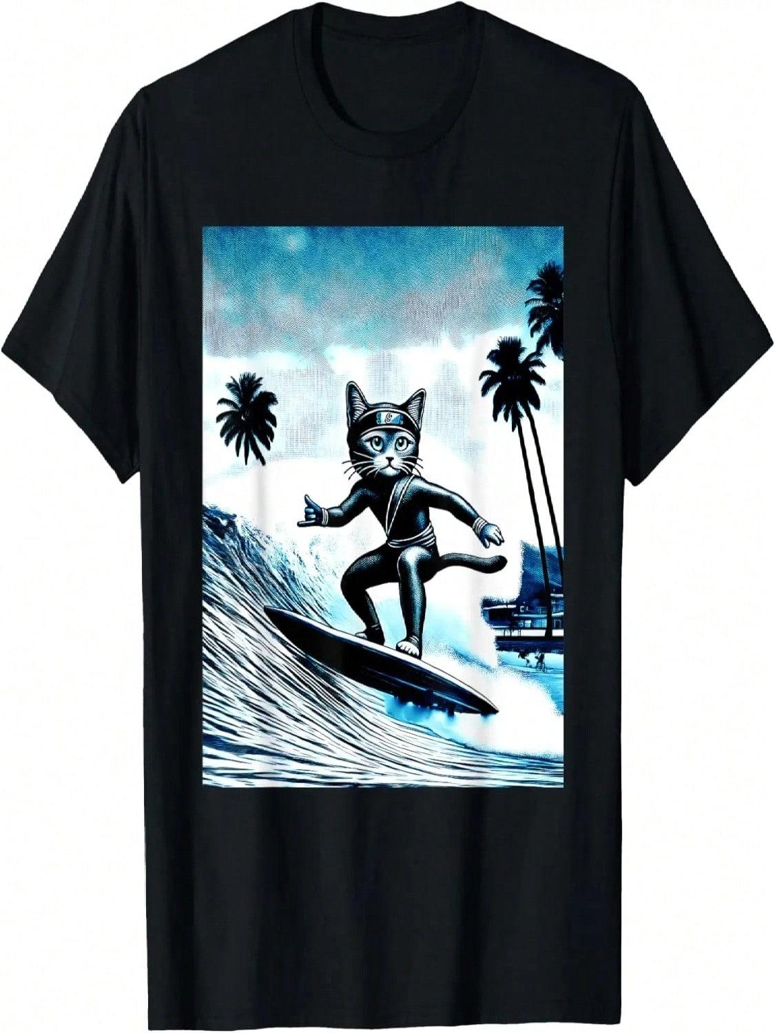 Vintage Cat Surfing Funny Summer Surf Beach 90s Distressed T-Shirt S разноцветный