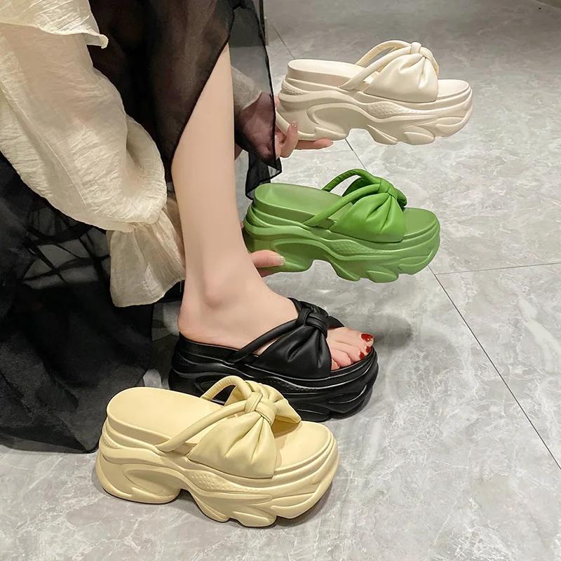 Fashion Shiny Rhinestone High Platform Slippers New Women 9CM Heels Leather Chunky Sandals Woman Summer 2025 Thick Bottom Wedges Slides