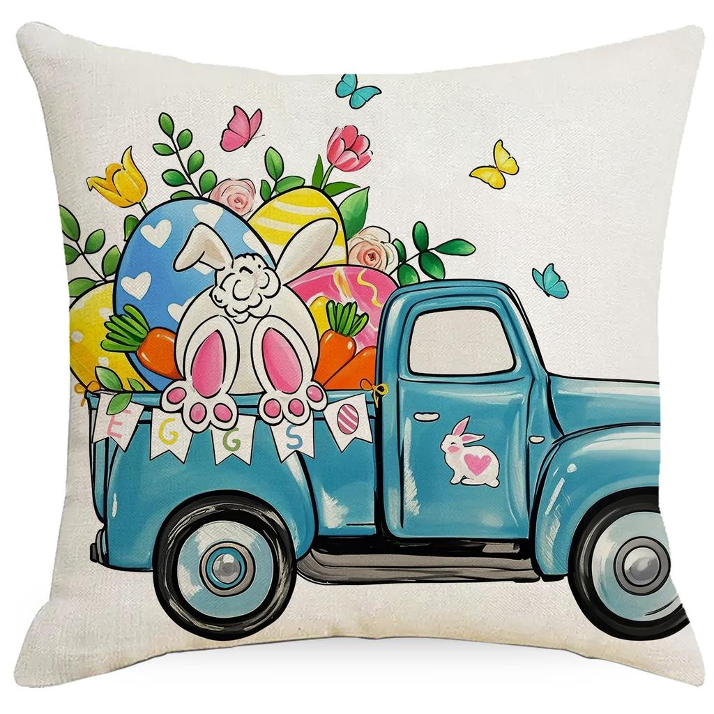 Easter Truck Easter Eggs Bunny Letter Pattern Line Print Home Sofa Decoration Cushion Cover