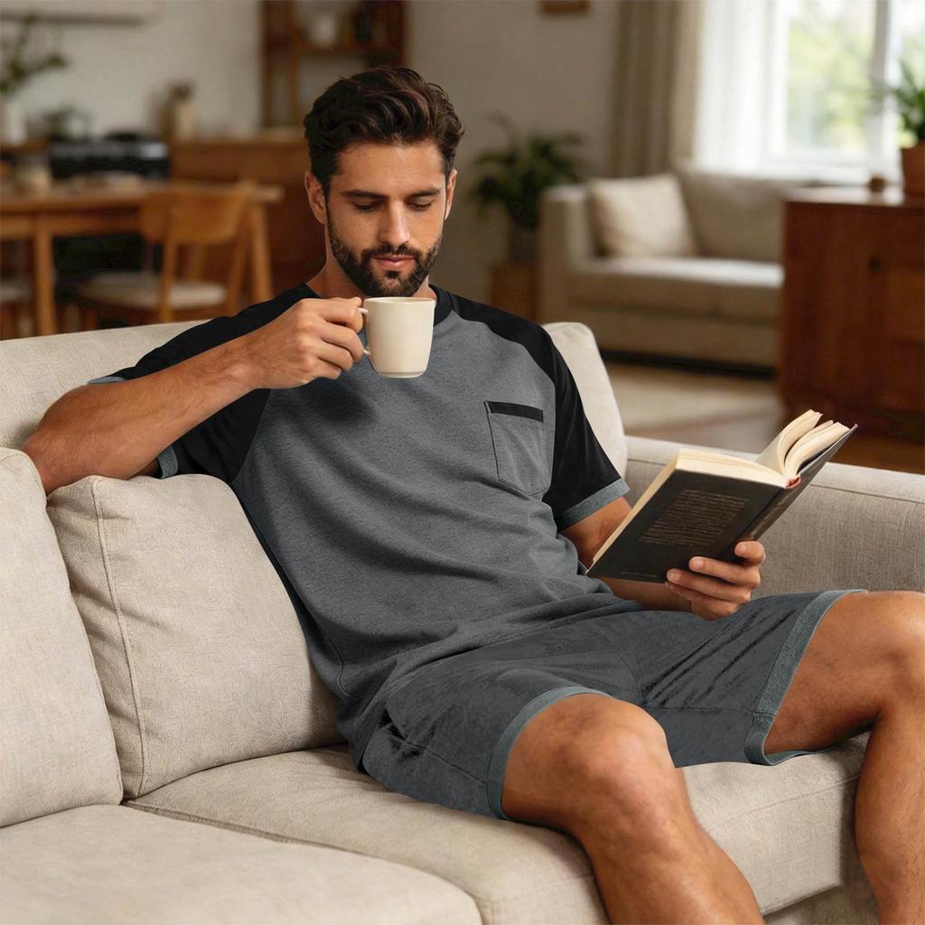 Herren Sommer-Pyjama-Set Kurzarm-Oberteil mit Tasche und passender Hose Leichte atmungsaktive Nachtwäsche Loungewear
