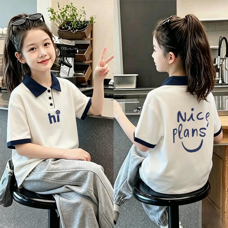 Korean Style Girls' 2026 Summer Cotton Polo Shirt: Color Blocked Lapel Short Sleeve T-shirt for Medium and Large Children