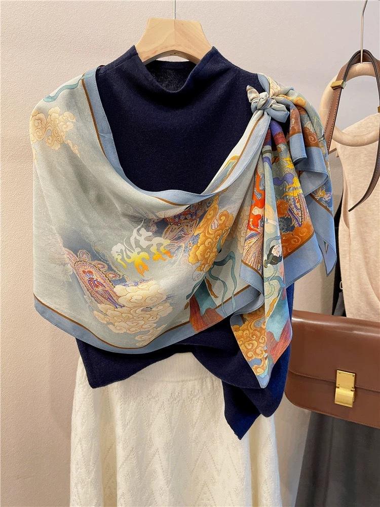 Fashion new long silk scarf women's Korean version line printing simulation silk medium length thin scarf sunscreen shawl