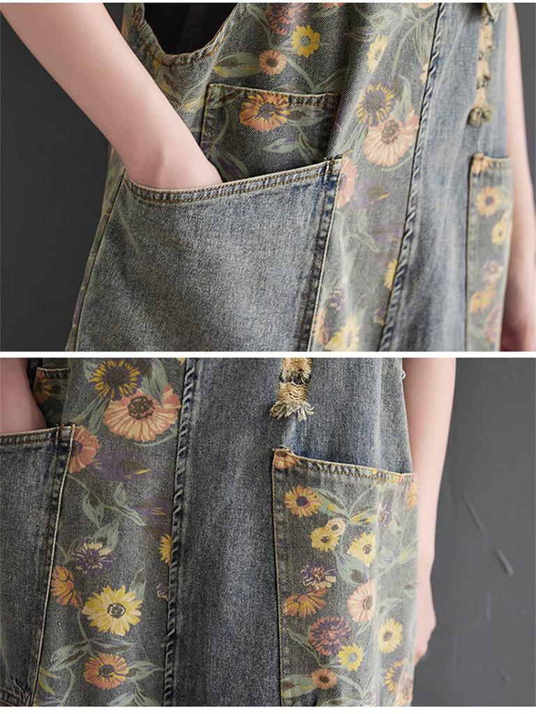 Mouhoukyo Denim Floral Print Women's Overalls, Wide-Leg Pants, Jeans, M-2XL (Color shown, 2XL)