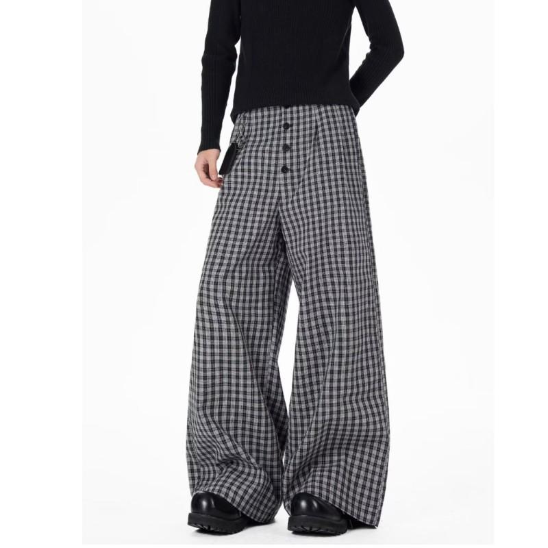 Classic Black White Plaid Button-Front Wide-Leg Straight Pants Men Women Lightweight Casual Trousers