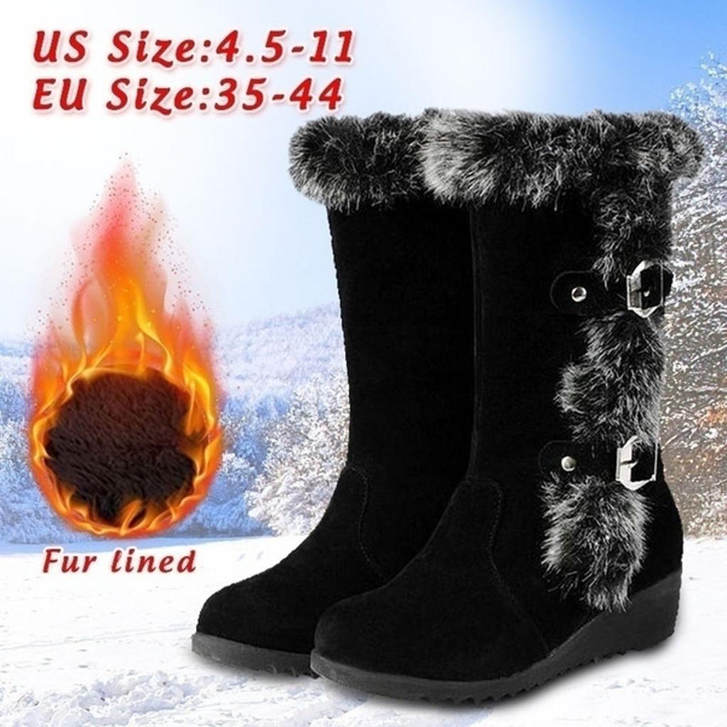 Damen Schneestiefel Warme Plüschstiefel Slope Heel Gürtelschnalle Mittelstiefel
