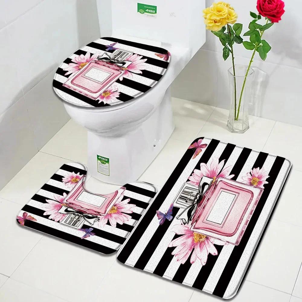 Pink Perfume Bath Mat Set Black White Striped Fashion High Heel Woman Girl Home Carpet Bathroom Decor Non-slip Rug Toilet Cover