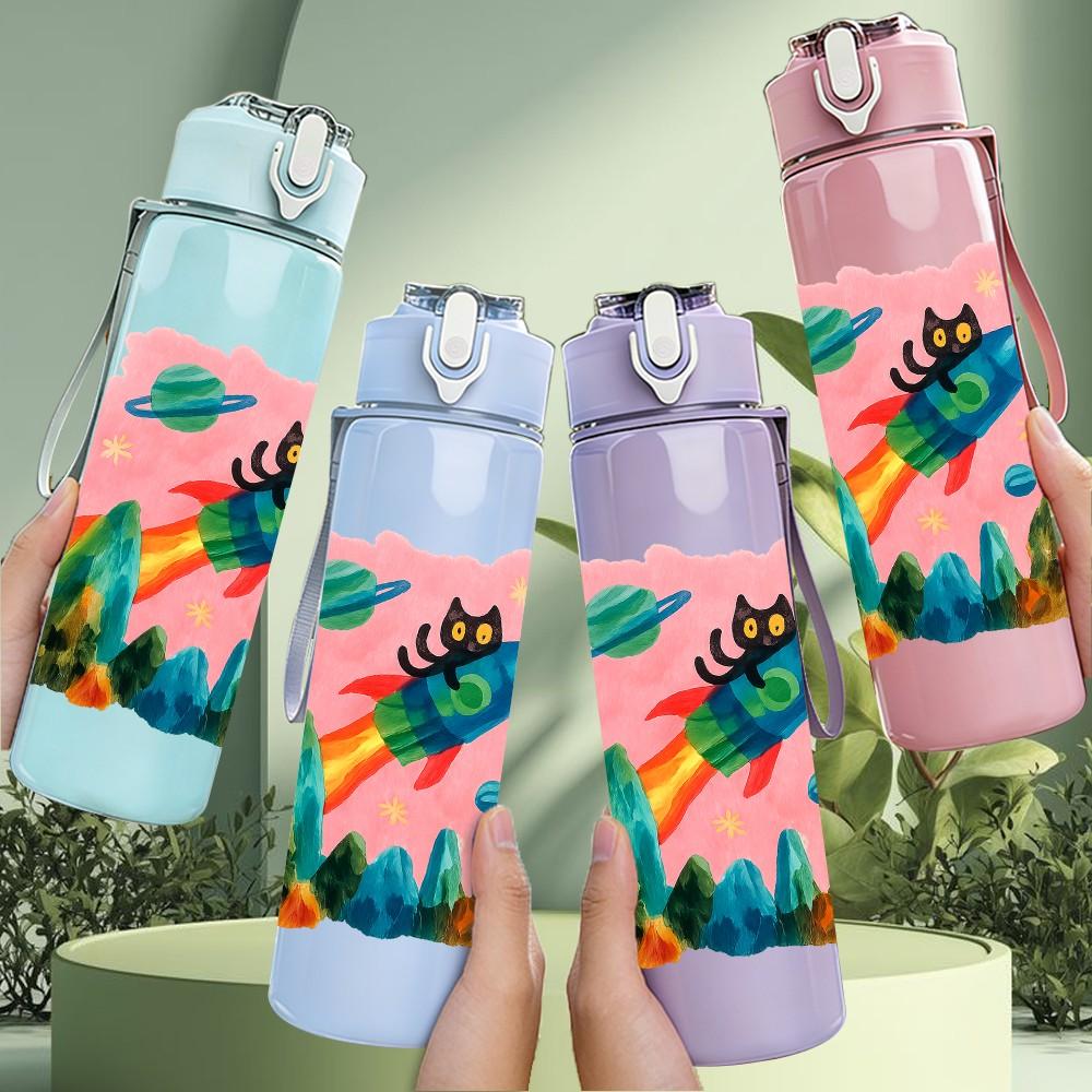 1PC Mountain Rocket Cartoon 750ml Color Plastic Sports Water Bottle Leakproof Flip Straw Lid Suitable for Sports Office Home Use