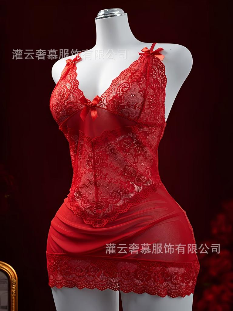 European and American Perspective Sexy Lingerie Mesh Lace Temptation Bow Suspender Pajamas Women