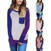 Autumn Tops Womens Round Collar Stitched Color Long Sleeve Tshirt Pocket