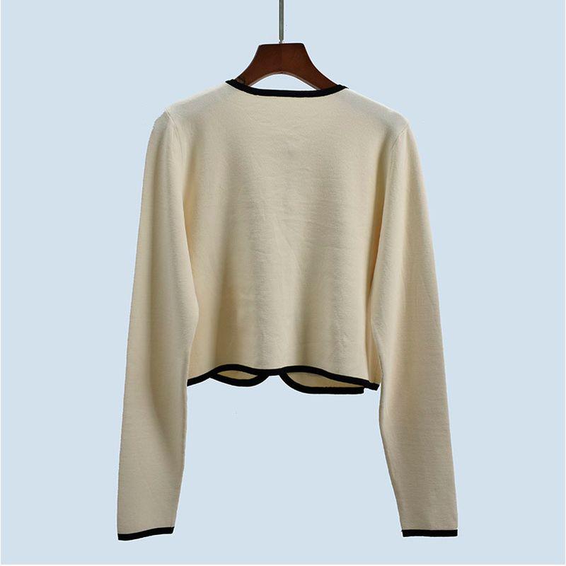 Round Neck Qu Zhu Single-Breasted Short Loose Long Sleeves Cardigan Spring & Fall Women's Outer Wear Contrast Color Fashion Stylish