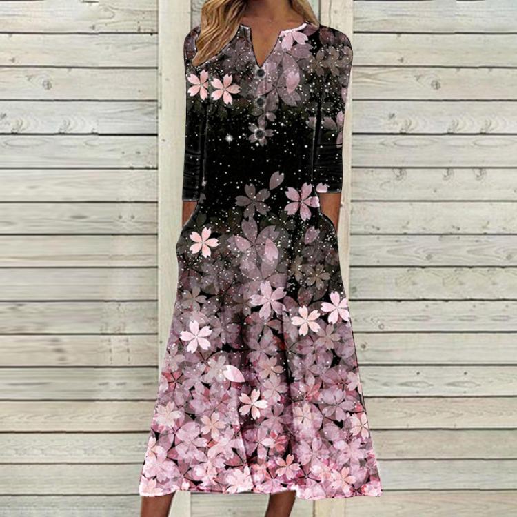 2023 Autumn Women Printed Maxi Dress Long Sleeve Open Chest Skirt Fashion Trendy