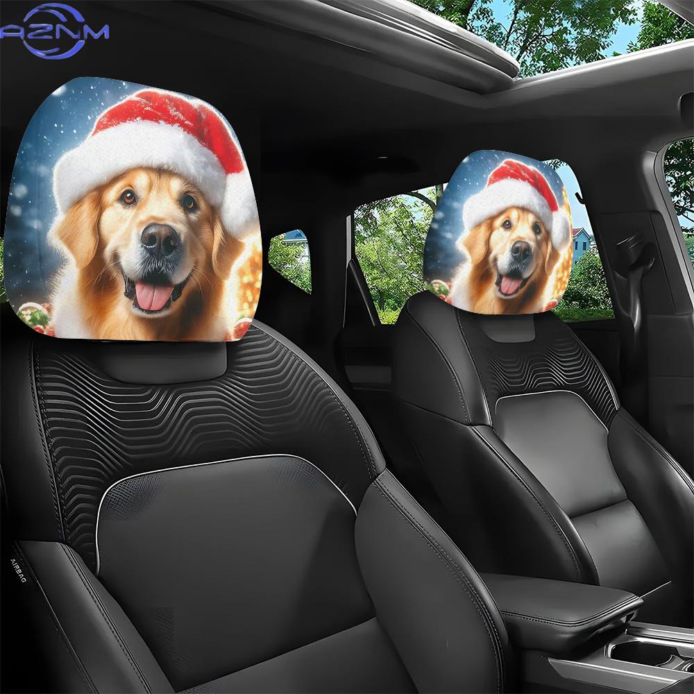 Christmas Hat Golden Retriever Printed Car Headrest Covers, Comfortable And Breathable for All-Weather Use, Car Headrest
