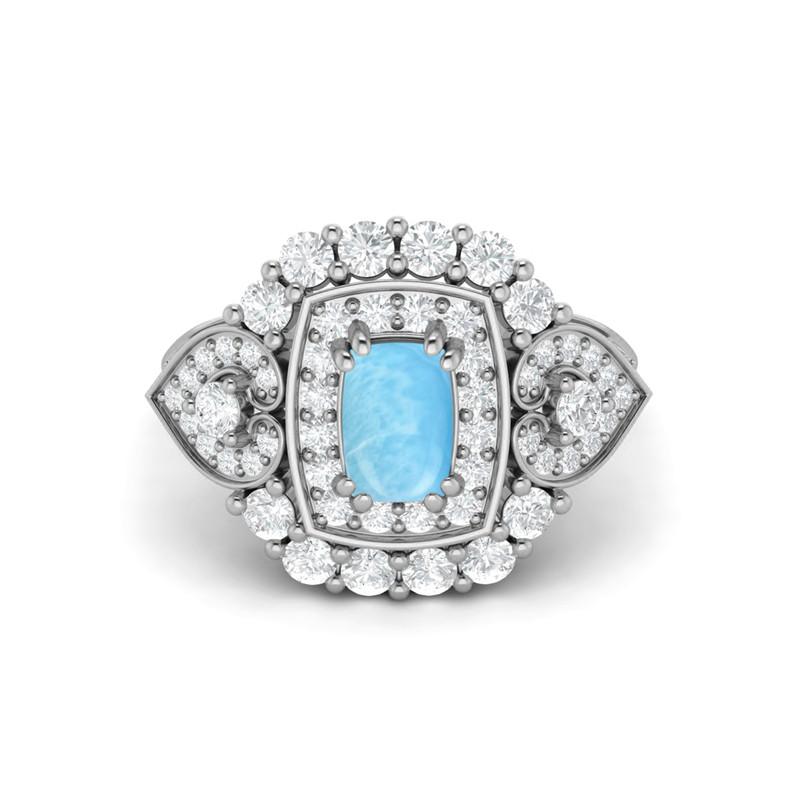 6X4MM Cushion Larimar Gemstone 925 Sterling Silver Solitaire Halo Women Engagement Ring