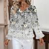 Dámský ležérní módní top s volánky, výstřihem do V, potiskem a dlouhým rukávem