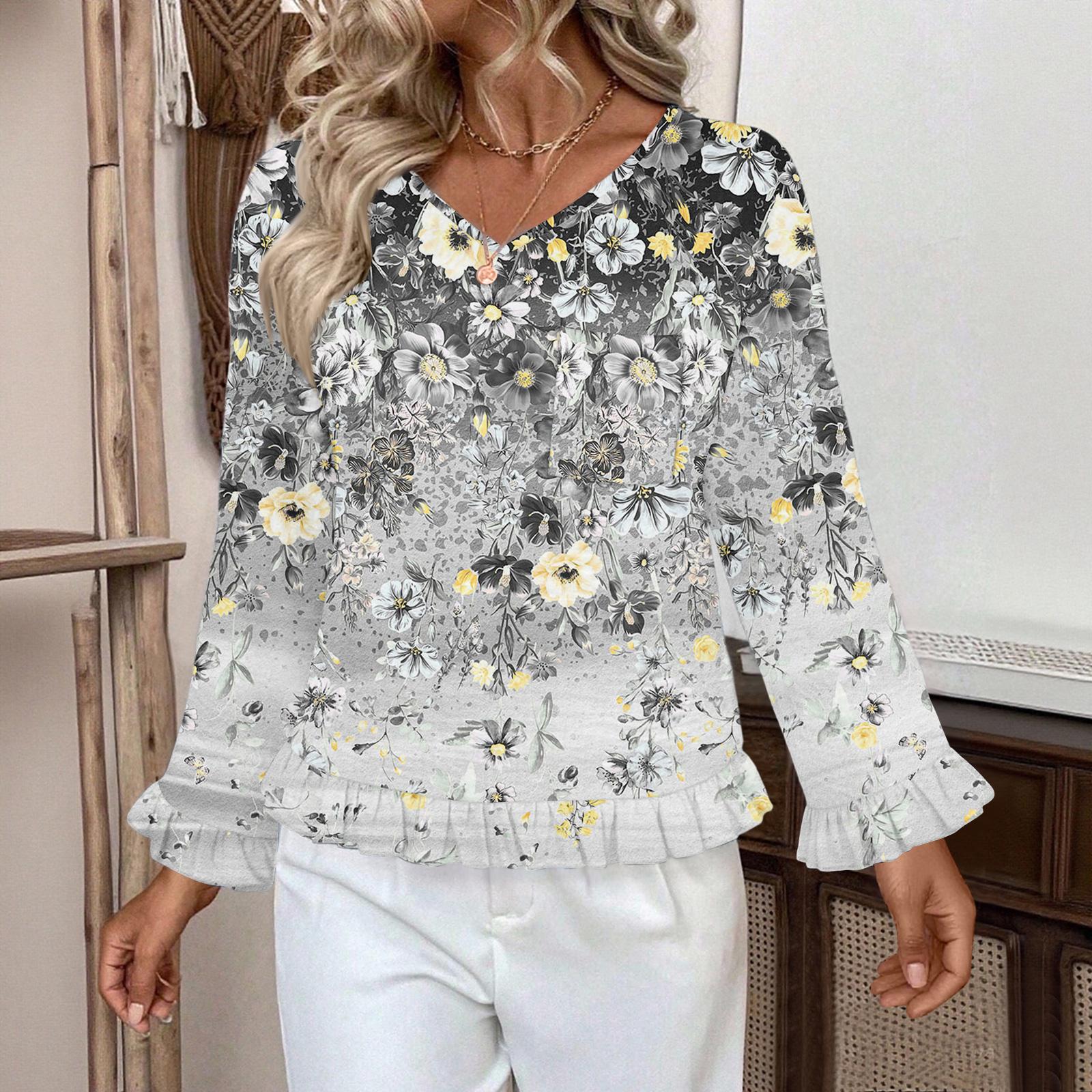 

Женский повседневный модный топ с оборками, V-образным вырезом, принтом и длинными рукавами L