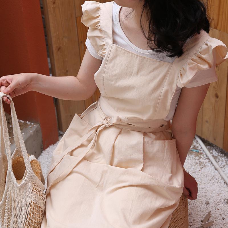 Ruffled Shoulder Strap Apron - Breathable Cotton Linen, Water Repellent for Household Chores & Baking