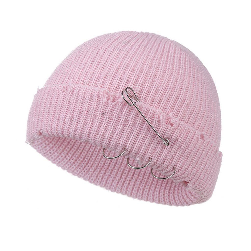 Fall And Winter Trendy Solid Color Safety Pin Iron Ring Knitted Wool Hat, Vintage Holey Pullover Wool Hat