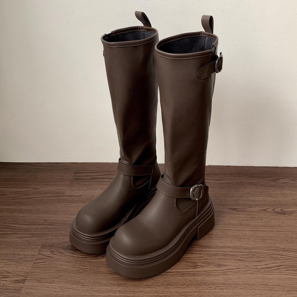 Brown British style but knee thick heel platform boots women's 2025 new autumn thin retro knight boots