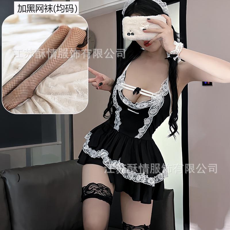 Sexy Lingerie Sexy Deep V Lace Slim Fit Puff Dress Maid Maid Uniform Seduction Uniform Set