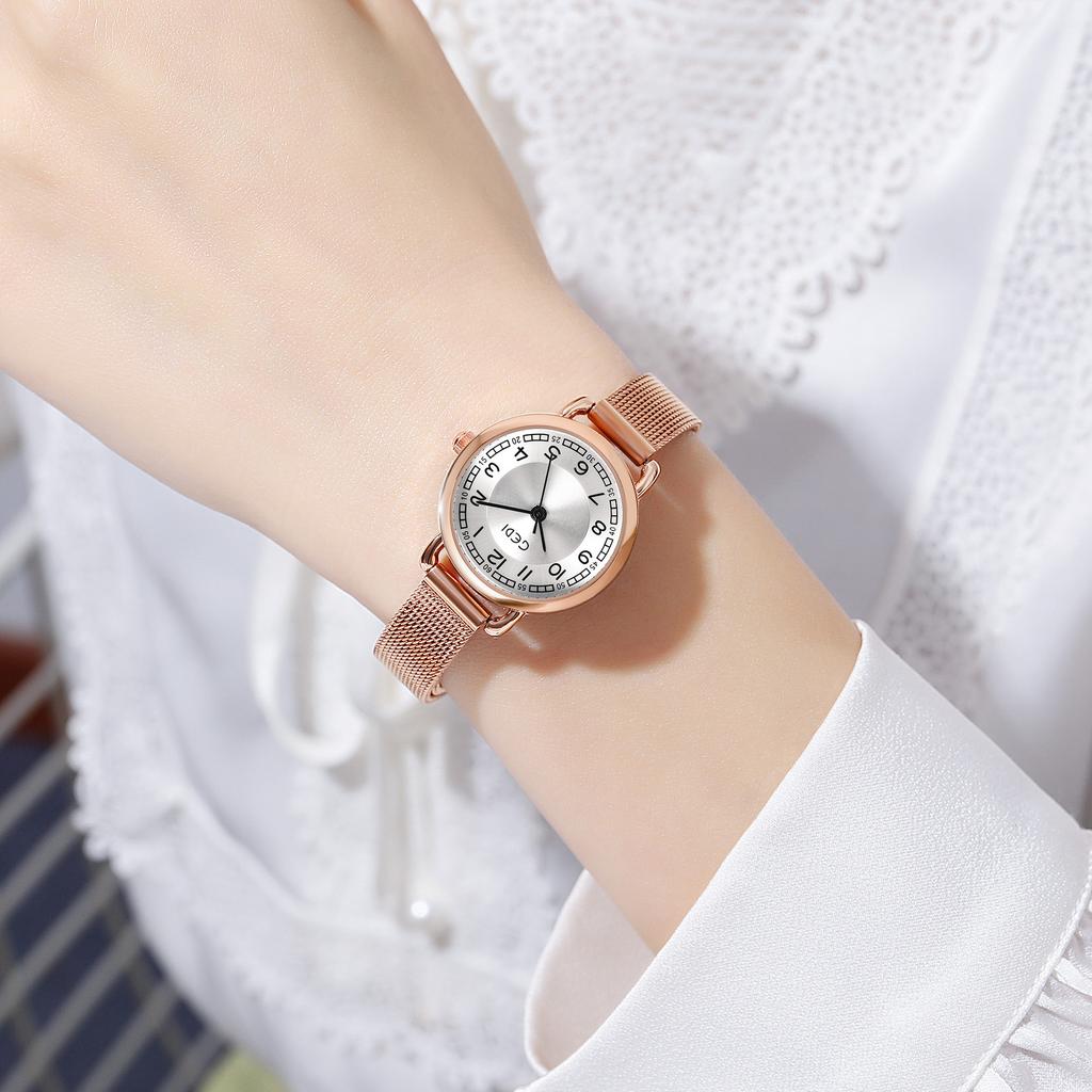 Light Luxury Fashion Temperament Round Dial Simple Digital Scale Stainless Steel Mesh Belt Waterproof Quartz Watch