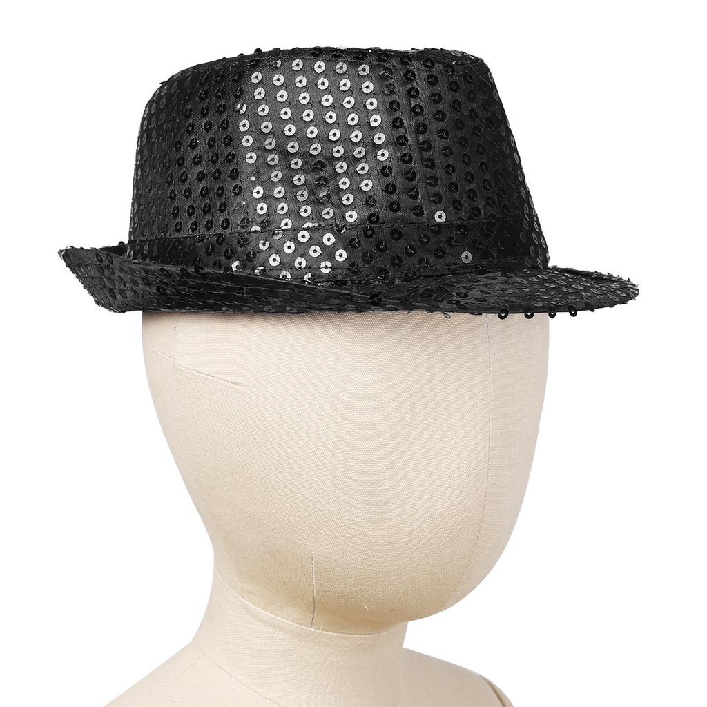 Dívčí flitrovaný leotard s dlouhým rukávem, kulatým výstřihem, patchworkovým designem a zapínáním na zip, flitrovaný klobouk fedora, převlekový kostým