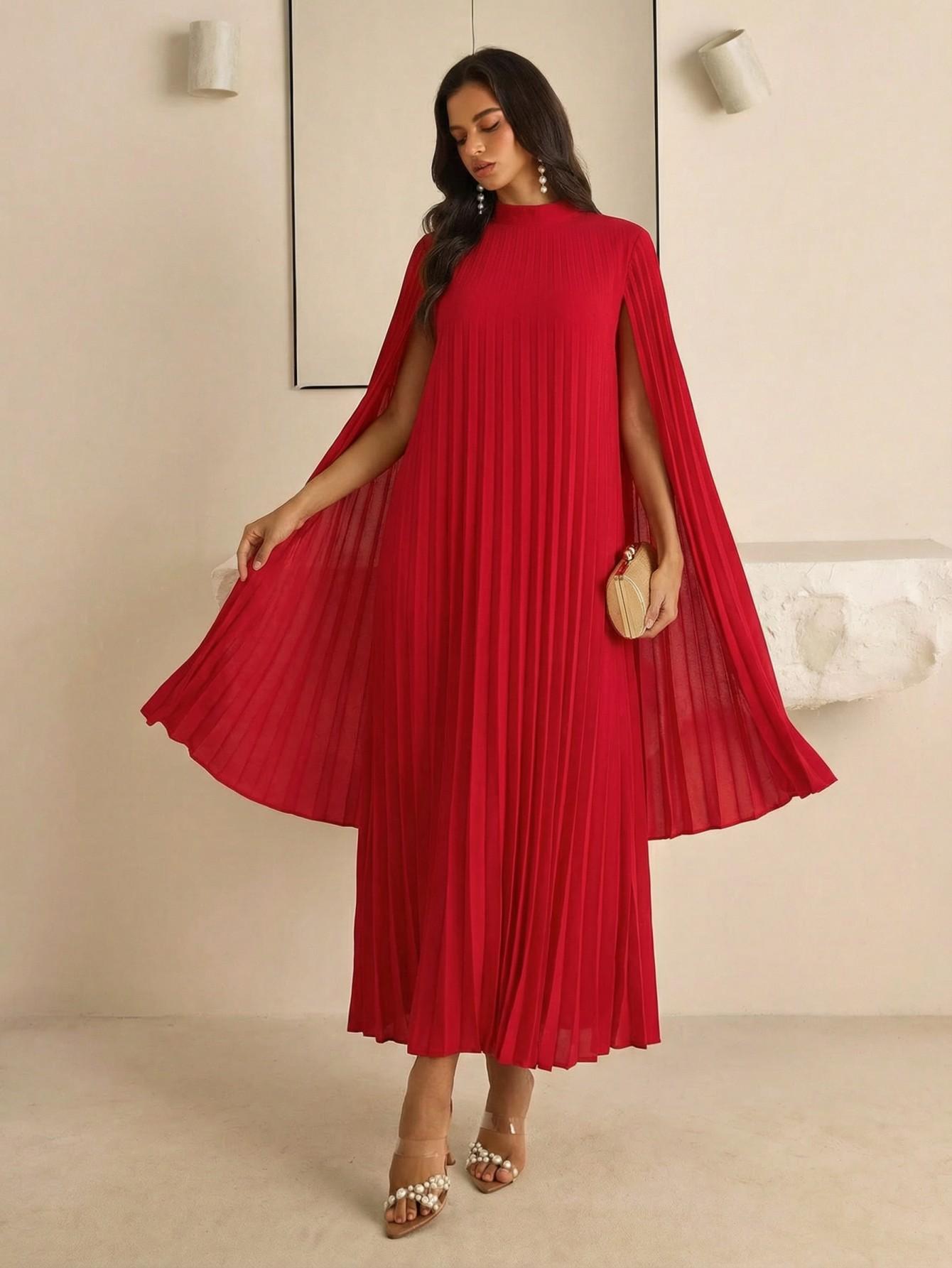 

Red pleated long dress women s new European and American style pleated dress temperament elegant fashion women s clothing D XL червоний
