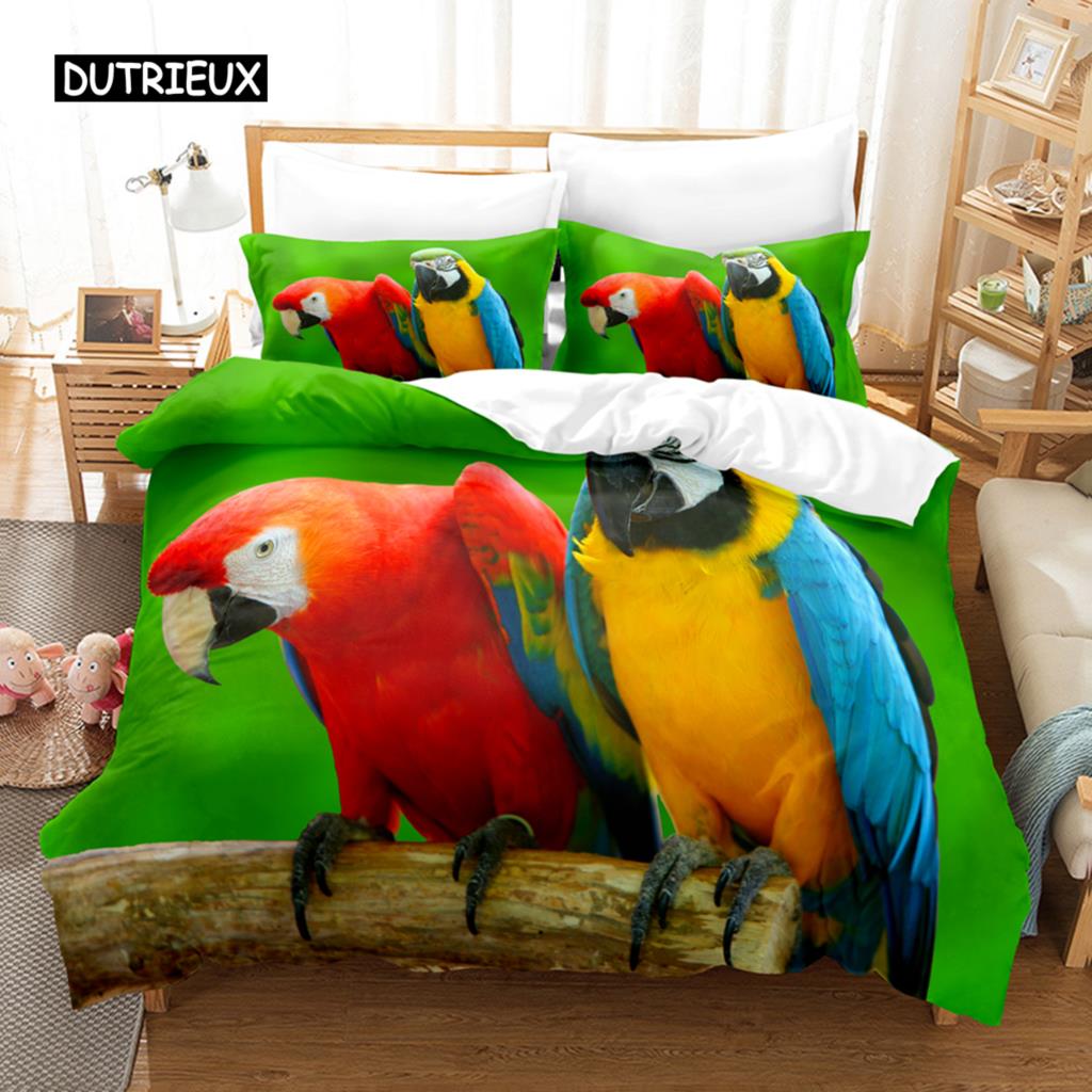 3D Parrot Duvet Cover Set Microfiber Bedding with Pillowcase King Queen Twin Luxury Animal Print Quilt Cover
